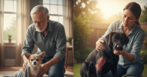 Veterinarian examining dog for parvovirus distemper and heartworm disease