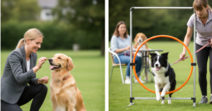 Dog owner teaching sit and stay command using positive reinforcement