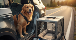 Dog secured safely in car with harness during long road trip