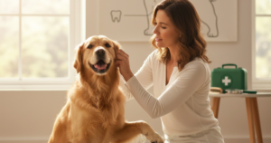Dog owner checking dog temperature pulse and breathing at home
