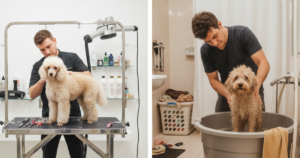 Comprehensive dog grooming guide showing bathing brushing and nail care at home