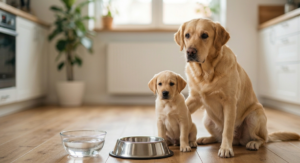 An adult golden retriever and a puppy sitting near an empty food bowl in a bright kitchen