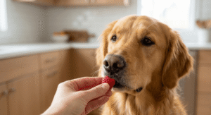 A happy dog gently taking a fresh raspberry treat from a person's hand