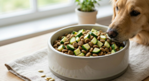 Chopped zucchini mixed with dog food kibble in a bowl