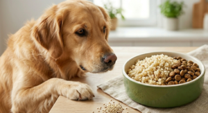 Healthy cooked quinoa mixed with dry dog food kibble in a bowl