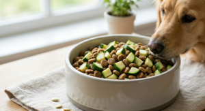 Golden Retriever sniffing a dog food bowl mixed with fresh veggies