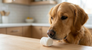 A curious dog looking at white marshmallows on a kitchen counter