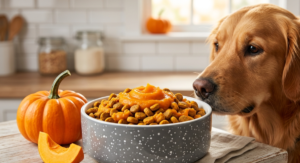 Golden Retriever sniffing bowl of plain pumpkin mixed with kibble