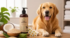 Natural dog shampoo with oatmeal aloe vera and chamomile for healthy dog skin