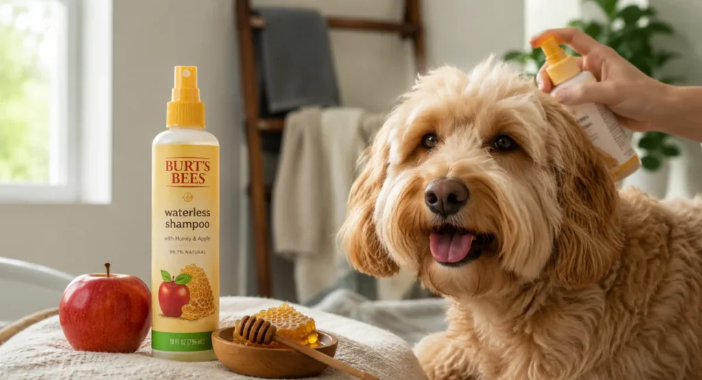 Burts Bees waterless spray shampoo for dogs with honey and apple extracts