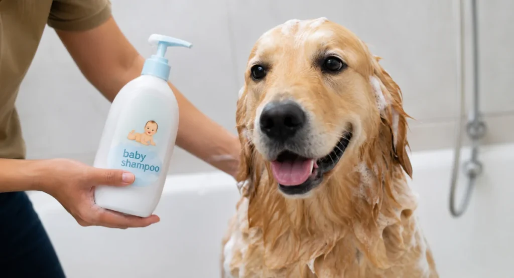 Can I use baby shampoo on my dog — pet owner bathing a dog