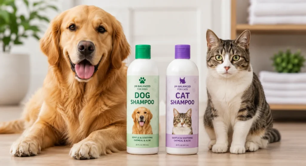 Cat shampoo and dog shampoo beside a Golden Retriever showing the difference between pet shampoos