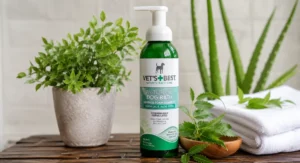 Vets Best waterless dog bath pump bottle containing neem oil and aloe vera